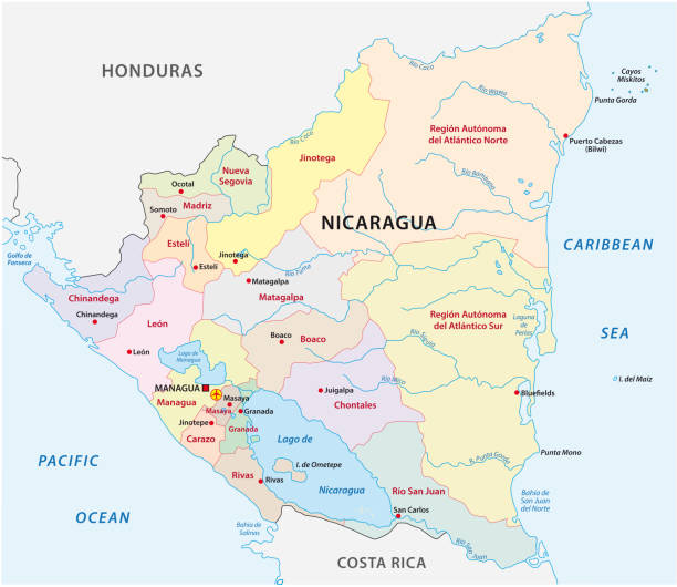 ilustrações de stock, clip art, desenhos animados e ícones de nicaragua administrative and political map - the americas latin american and hispanic ethnicity map latin america