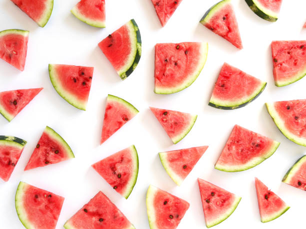 istock Pattern of watermelon lobules. Fresh sliced watermelon isolated on a white background. 888110496