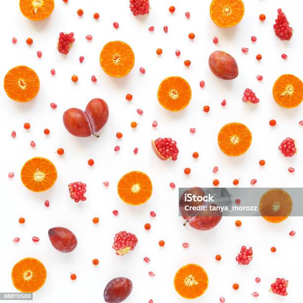 Pattern Of Fresh Fruits Food Background Top View Flat Design Stock Photo - Download Image Now