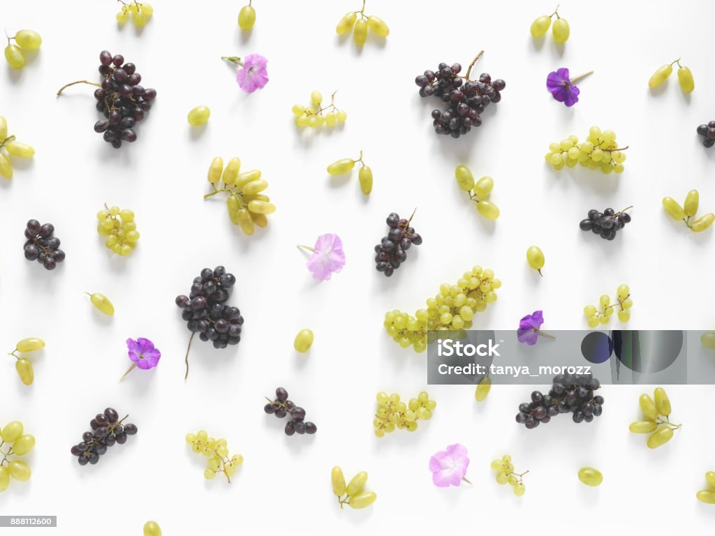 Black and green grapes, lilac flowers on a white background. Black and green grapes, lilac flowers on a white background. The pattern of grapes of different varieties, top view. Food background. Grape Stock Photo