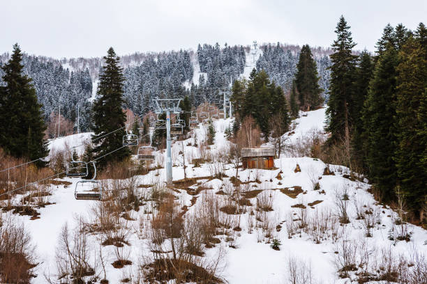 istock View from Hatsvali Khatsvali ski resort cableway in winter. Cables, forest and mountain Ushba. Mestia, Georgia 888116876
