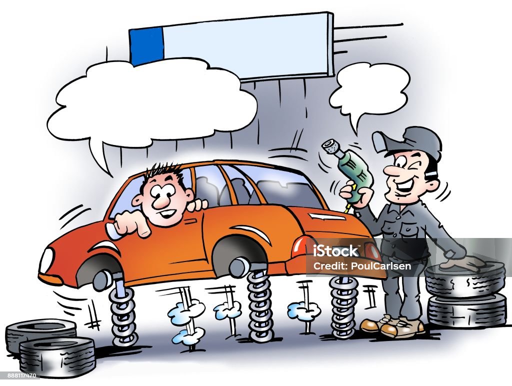 Cartoon Illustration Of A Mechanic Who Just Testing The Shock Absorbers On The Car Before The New Tires Mounted Stock Illustration - Download Image Now - iStock Cartoon Illustration Of A Mechanic Who Just Testing The Shock Absorbers On The Car Before The New Tires Mounted Stock Illustration - Download Image Now - iStock