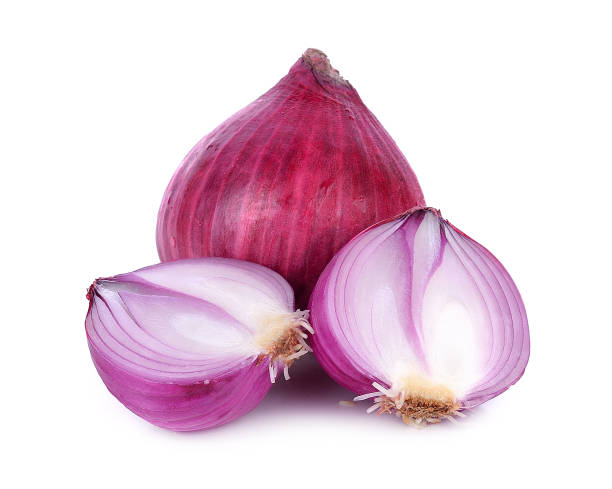 istock Red sliced onion isolated on white background 888120324