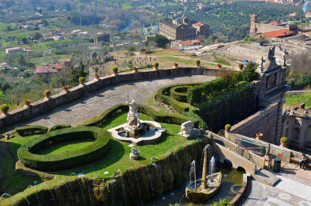 Tivoli, Italy - March 11, 2011: View from above on the garden in the villa of cardinal Ippolito de Este. First example of beautiful landscape design in Europe
