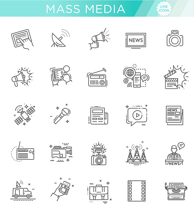 Set of modern vector plain line design mass media icons and pictograms