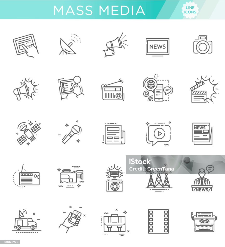 TV and media news vector icons set Set of modern vector plain line design mass media icons and pictograms Icon Symbol stock vector