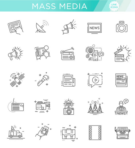 TV and media news vector icons set Set of modern vector plain line design mass media icons and pictograms radio symbols stock illustrations