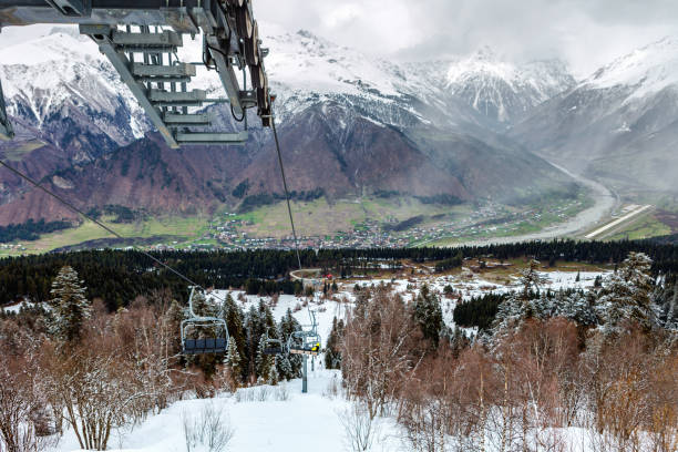 istock View from Hatsvali Khatsvali ski resort cableway in winter. Cables, forest and mountain Ushba. Mestia, Georgia 888123452