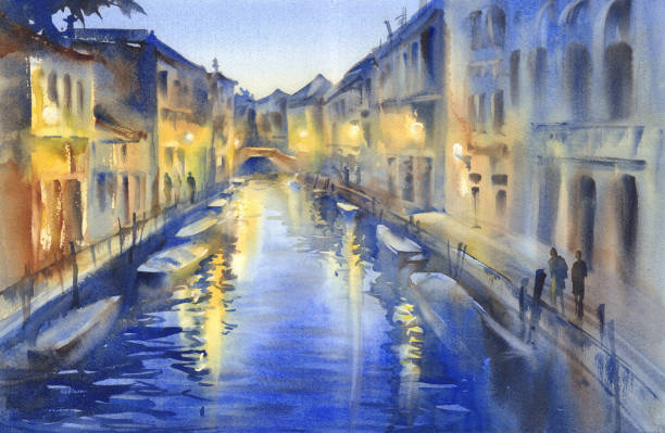 베네치아 밤 빛 수채화 - venice italy italy night gondola stock illustrations