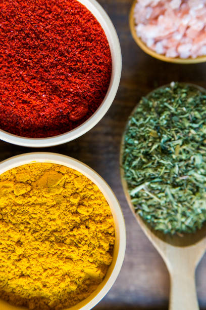 istock Various colorful herbs and spices on wooden table 888127334