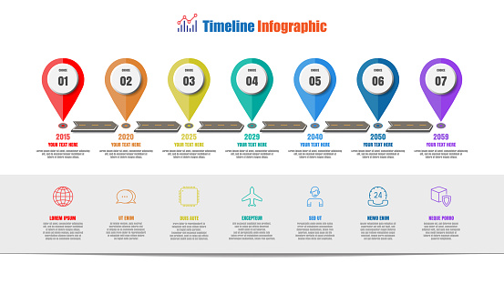 Road map timeline infographic with 7 steps pointer design for template brochure diagram planning presentation process workflow technology digital marketing data presentation chart. Vector illustration