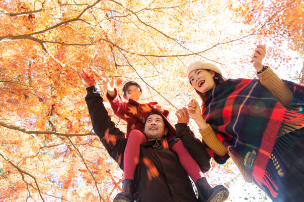 istock Young family enjoying autumn umder Japanese maple tree 888135790