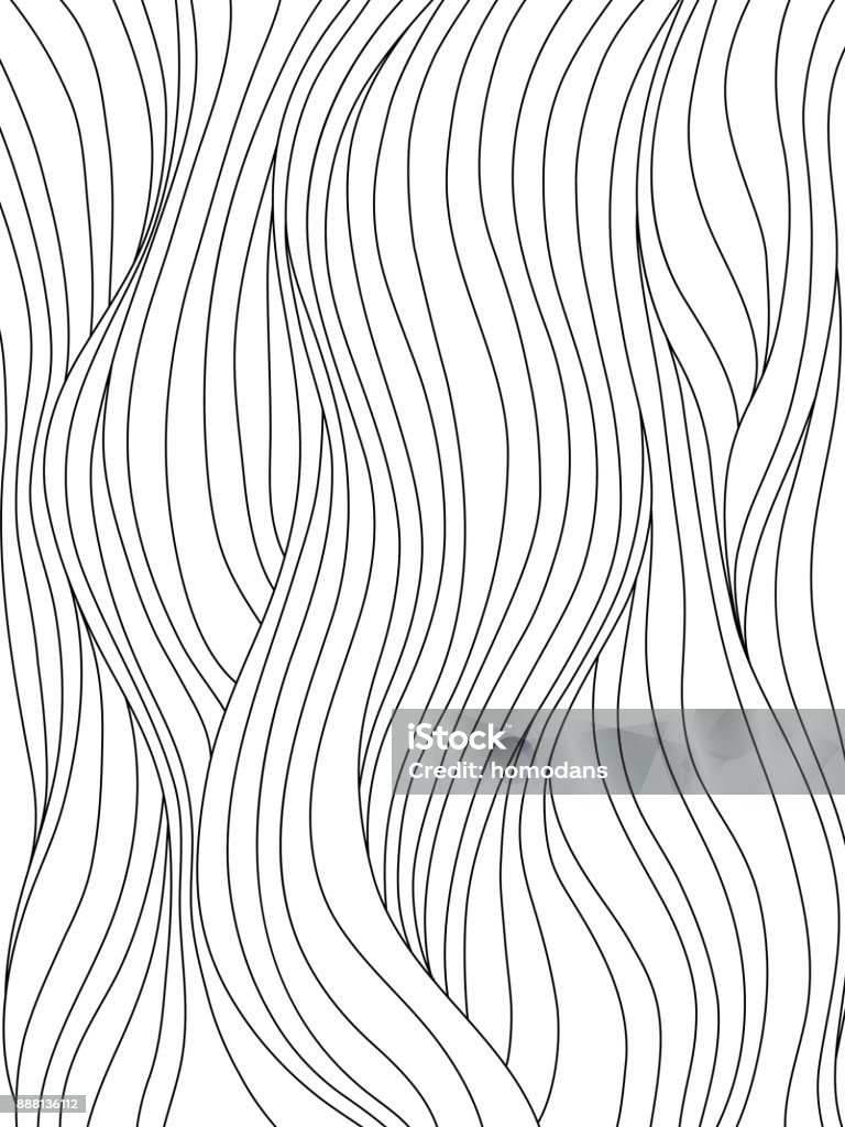 Black and white wave pattern Black and white smooth waves. Abstract background with curly hair, or flow pattern for coloring book, or graphic design. Vector illustration. Hair stock vector