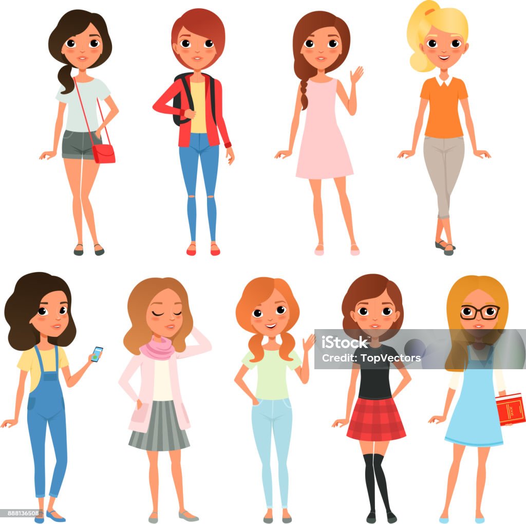 Collection de filles d’adolescent mignon vêtu de vêtements. Personnages féminins posant avec des expressions de visage joyeux. Dessin animé vecteur plat design - clipart vectoriel de Petites filles libre de droits