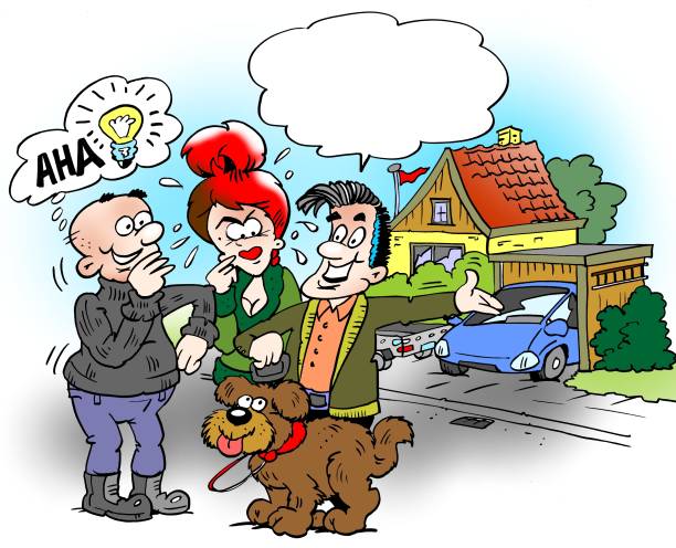 abbildung einer familie, die aus cartoon und gassi gehen, die nachbarn haben eine gute idee - light bulb blue energy fuel and power generation stock-grafiken, -clipart, -cartoons und -symbole