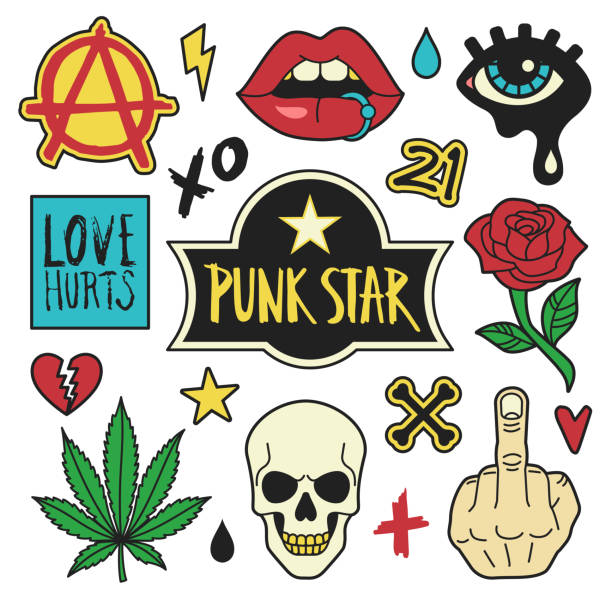 ilustrações, clipart, desenhos animados e ícones de coleção de moda punk patches. - símbolo da anarquia