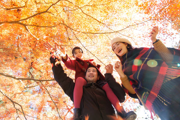 istock Young family enjoying autumn umder Japanese maple tree 888150836