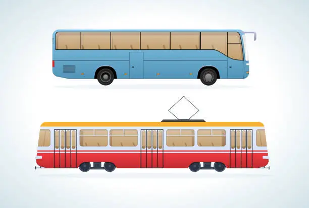 Vector illustration of Passenger public modern urban transport: municipal tramand intercity bus