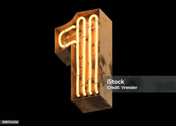 Metallic Orange Neon Font Covered With Rust Stock Photo - Download Image Now - Number 1, Orange Color, Rusty