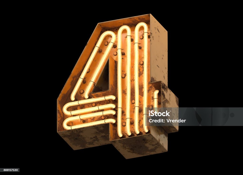 Metallic orange neon font covered with rust. Number 4 Stock Photo