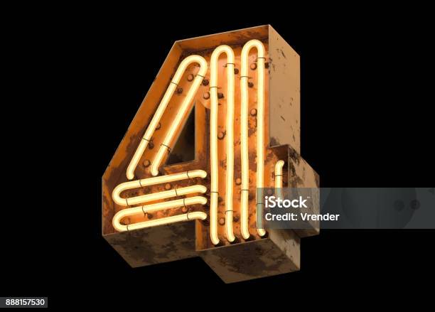 Metallic Orange Neon Font Covered With Rust Stock Photo - Download Image Now - Number 4, Yellow, Alphabet