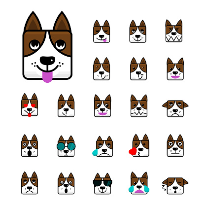 Big set of brown dog flat vector cartoon emoticon faces Character of a Dog. Icon pack. Emoji isolated on white background. Vector illustration.