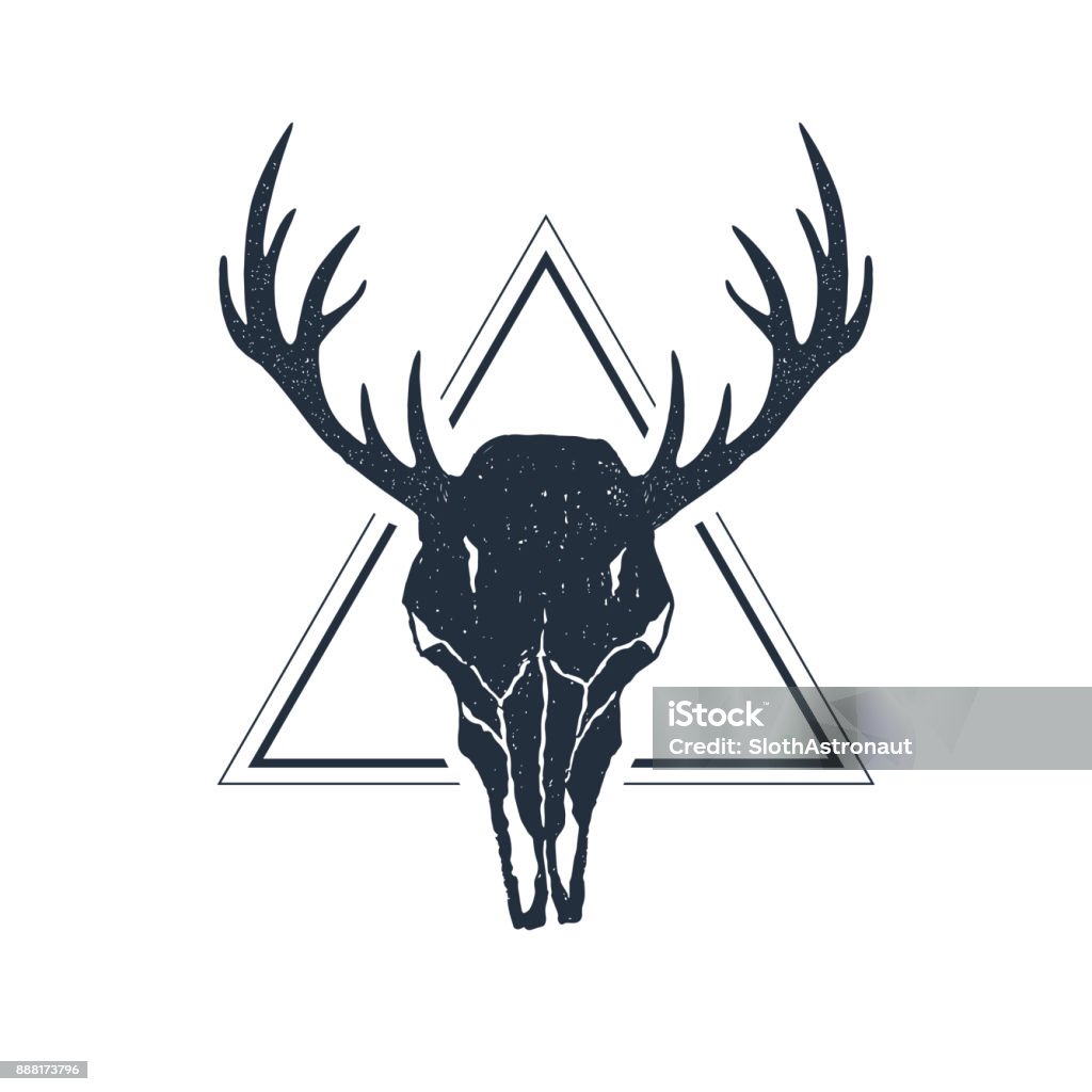 Hand drawn inspirational label. Traveling through wild nature. Hand drawn geometric label with deer skull with antlers textured vector illustration. Deer stock vector