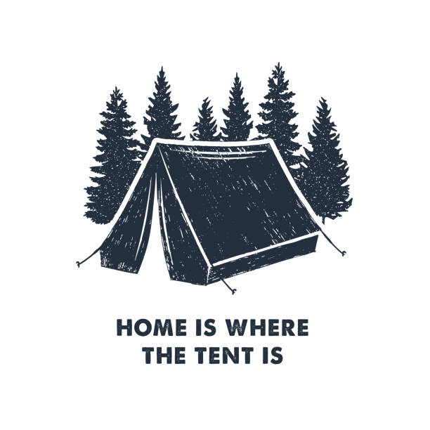 Hand drawn inspirational label. Traveling through wild nature. Hand drawn inspirational label with pine trees and camping tent textured vector illustrations and "Home is where the tent is" lettering. camping drawings stock illustrations