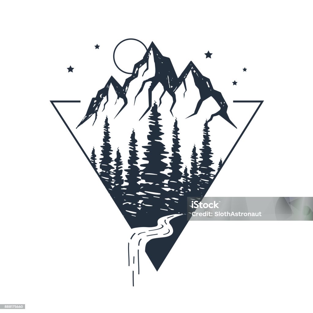 Hand drawn inspirational label. Traveling through wild nature. Hand drawn inspirational label with pine trees and mountains textured vector illustrations. Mountain stock vector
