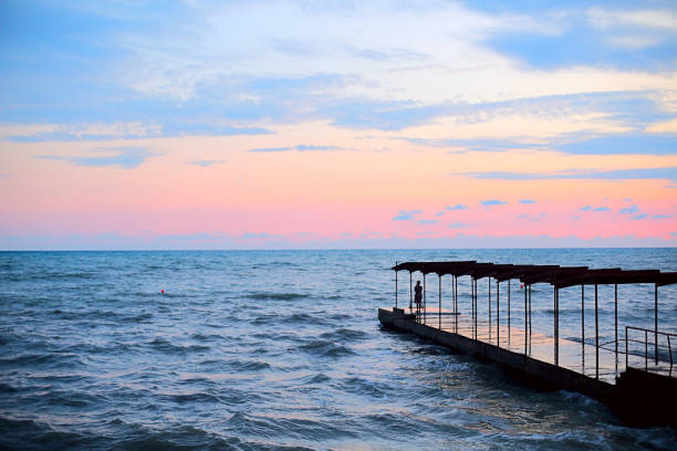 paesaggio marino, spiaggia con vista bella e rilassante. vacanze, estate. un molo. - ziegfeld theatre foto e immagini stock