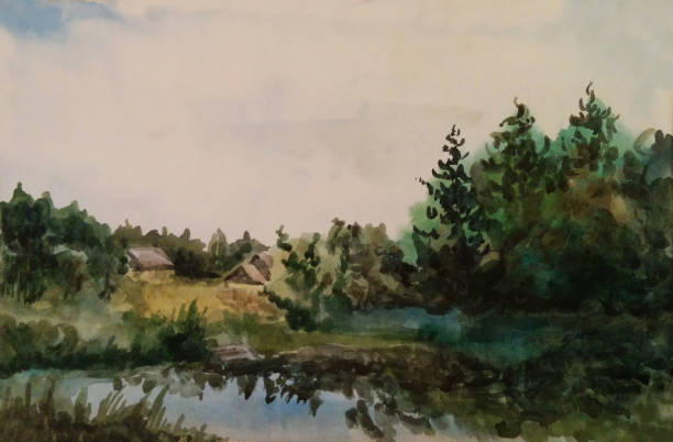 istock Scenic rural landscape, hand dran watercolor illustration 888184142