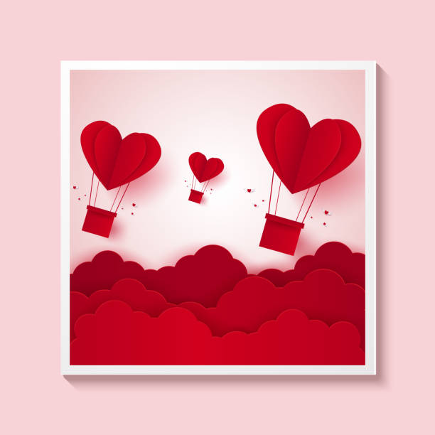 illustrazioni stock, clip art, cartoni animati e icone di tendenza di san valentino, illustrazione d'amore, foto di mongolfiere a cuore rosso che volano sul cielo, stile carta arte - love transportation cloud cloudscape