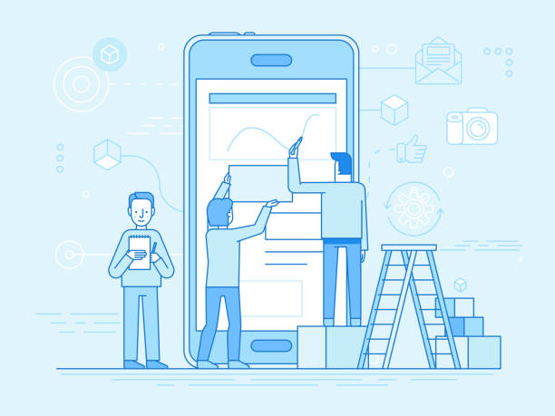 ilustrações, clipart, desenhos animados e ícones de conceito de desenvolvimento design e usuário do interface mobile app - teamwork block development working