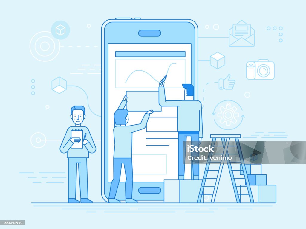 Mobile app design and user interface development concept Vector illustration in trendy flat and linear style -mobile app design and user interface development concept - small people building application with blocks on the screen of the mobile phone - banner and infographics design template User Experience stock vector