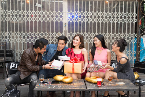 istock Young people Happy time with gift box at celebration party 888196538