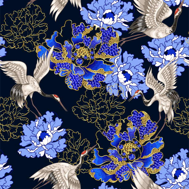 日本の白鶴と牡丹刺繍スパンコールでシームレスなパターン - pattern bird seamless backgrounds点のイラスト素材／クリップアート素材／マンガ素材／アイコン素材