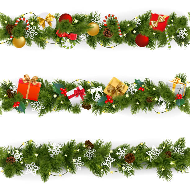 ilustraciones, imágenes clip art, dibujos animados e iconos de stock de vector navidad frontera conjunto con guirnalda - christmas decoration