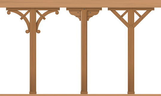 Set of vintage wooden architectural columns for the gazebo or patio. Carpentry. Templates vector graphics