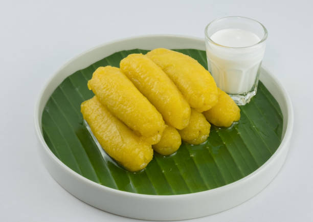 istock Preserved banana in syrup, Thai style, served on a white background. 888210636