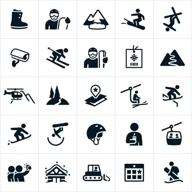 ilustrações de stock, clip art, desenhos animados e ícones de snow skiing icons - snowboard boot