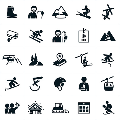 A set of snow skiing icons. The icons include skiers, snowboarders, winter gear, mountains, heli-skiing, ski lift, ski park, tricks, cabin, ski pass and gondola to name a few.
