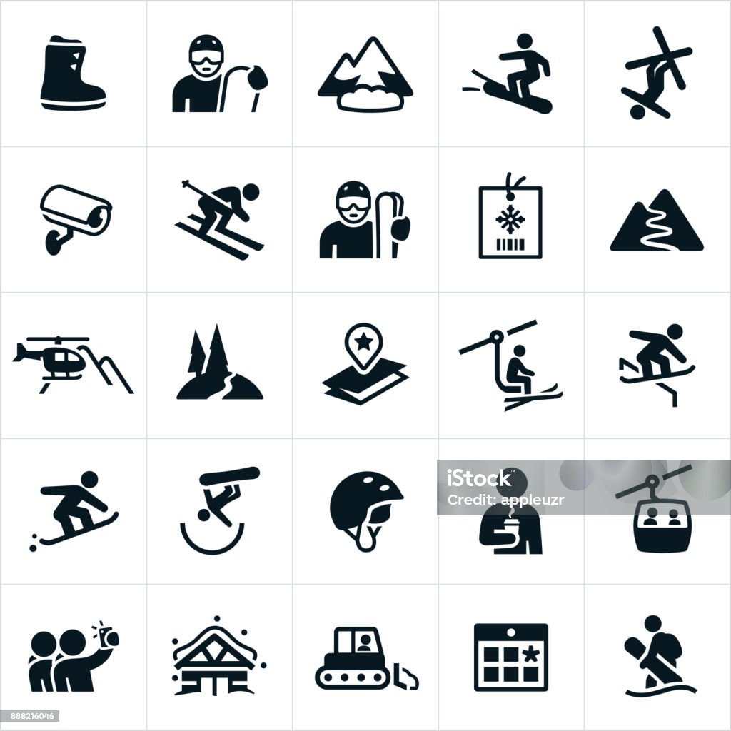 Snow Skiing Icons A set of snow skiing icons. The icons include skiers, snowboarders, winter gear, mountains, heli-skiing, ski lift, ski park, tricks, cabin, ski pass and gondola to name a few. Skiing stock vector