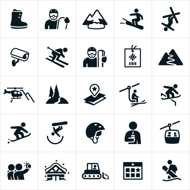 Snow Skiing Icons A set of snow skiing icons. The icons include skiers, snowboarders, winter gear, mountains, heli-skiing, ski lift, ski park, tricks, cabin, ski pass and gondola to name a few. extreme skiing stock illustrations
