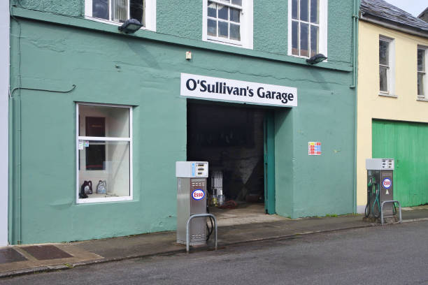 Castletownbere, Ireland - September 25, 2017: A street view of a small gas station in Castletownbere. This town is a major fishing port in Ireland but also welcomes many tourists visiting the Ring of Beara.