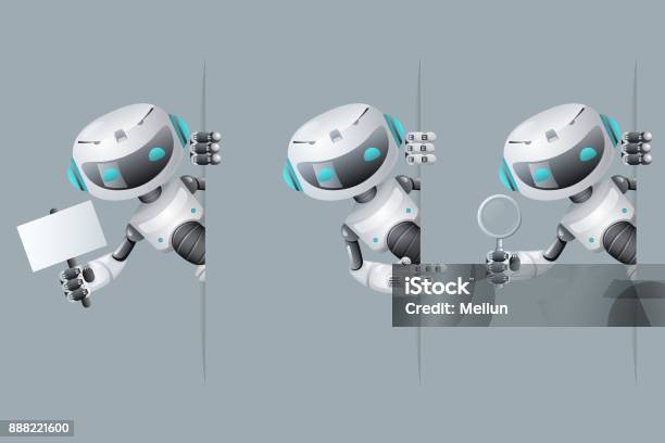 Robot Look Out Corner Poster In Hand Pointing On Banner Hold Magnifying Glass Technology Science Fiction Future Cute Little Sale 3d Design Vector Illustration Stock Illustration - Download Image Now