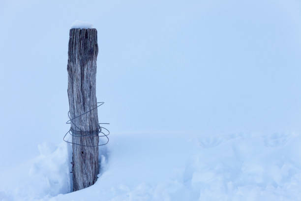 Natural snow background with a wooden pole Natural snow background with a wooden pole and wire rolled in it. wood and wire fence designs pictures stock pictures, royalty-free photos & images