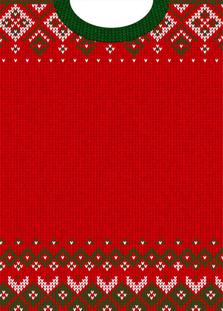 Merry Christmas and Happy New Year greeting card scandinavian ornaments Ugly sweater Merry Christmas and Happy New Year greeting card template. Vector illustration Handmade knitted background pattern with scandinavian ornaments. White, red, green colors. Flat style christmas sweater stock illustrations