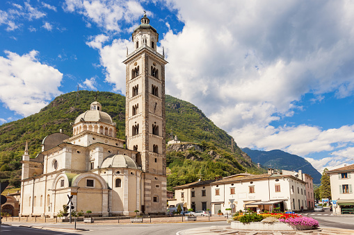 Stock photograph of downtown Tirano with the landmark Basilica Madonna di Tirano shrine in Lombardy, Italy