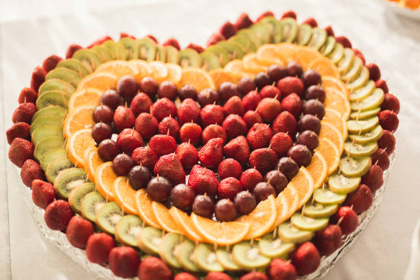 Different fresh fruits on wedding buffet table