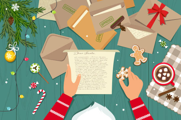 illustrations, cliparts, dessins animés et icônes de santa claus, lire son courrier - cookie letter illustrations